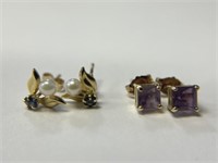 2 Prs. 14K Earrings- 1 Amethyst & Pearl, 1 Spinel