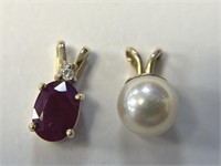 (2) 14K Pendants- 1 Ruby & Diamond and 1 Pearl