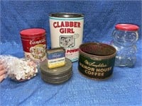 Vtg advertising tins & jar (puzzle)