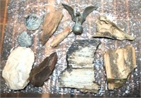 Petrified Wood Pieces, Cast Metal Eagle