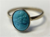 10K Victorian Carved Turquoise Blue Cameo Ring