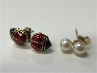 2 Prs. 14K Earrings- Enameled Ladybug and Pearl