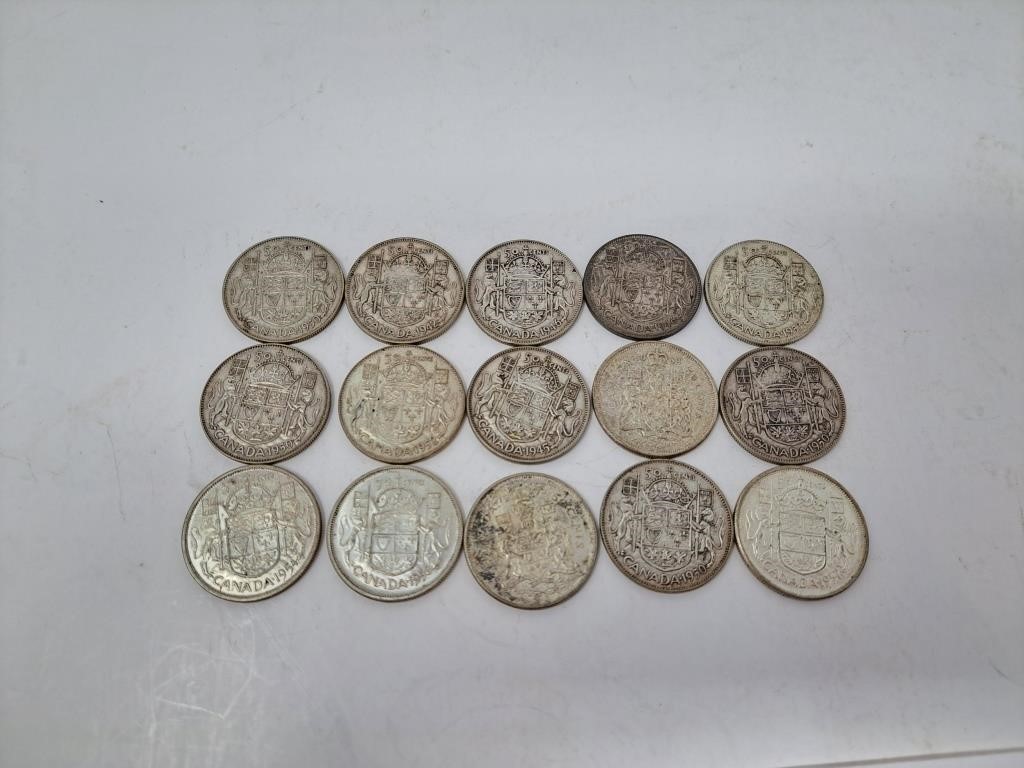 15 Canada 50 cent pieces. 1942-1965
