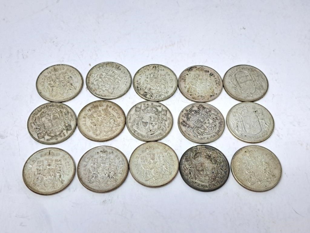 15 Canada 50 cent pieces. 1943 - 1966