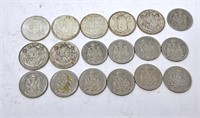 18 Canada 50 cent pieces. 1943-1973
