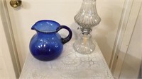 Blue Glass Pitcher and Glass Lamp