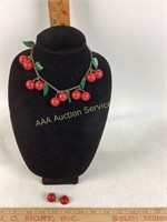 Bakelite cherry necklace & earrings - red &