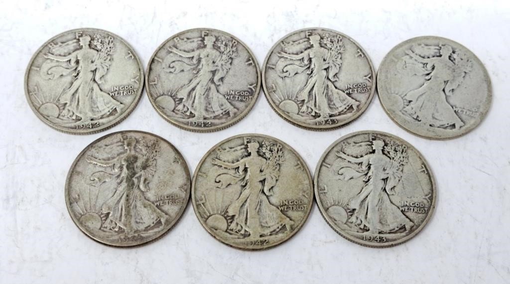 7 United States Half Dollars. 1942-1943
