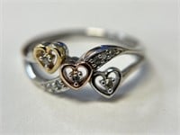 10K Tri-Color Hearts Diamond Ring