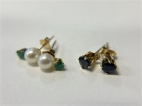 2 Prs. 14K Earrings- Pearl & Emerald, 1 Sapphire