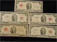 (5) 1928-1953 $2 Red Seal Notes