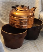 (2) Pottery Planters & Copper Kettle