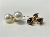 2 Pairs of 14K Earrings- Garnet and Pearl