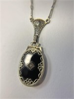 14K Filigree Black Onyx and Diamond Necklace