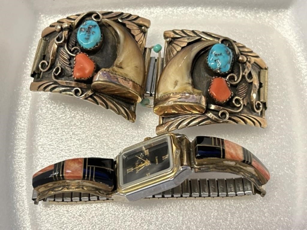 (2) Native American Sterling Watch Accent Pieces