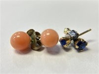 2 Pairs of 14K Earrings- Coral and Spinel