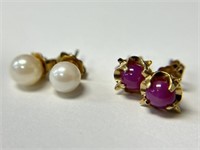 2 Pairs of 14K Earrings- Star Ruby and Pearl