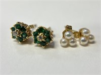 2 Prs. 14K Earrings- 1 Emerald & Diamond, 1 Pearl