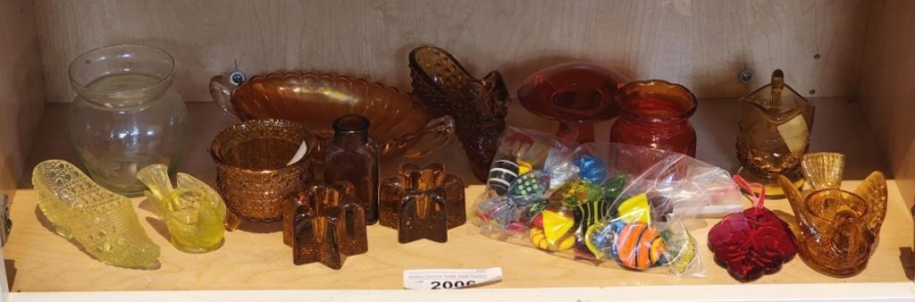 Mixed colored glass candy paperweights, slippers,