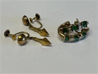 2 Pairs 14K Earrings- Emerald & Diamonds, Dangle