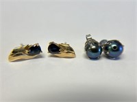2 Pairs of 14K Earrings- Sapphire and Black Pearl
