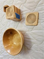 Wooden Coasters (8) and wooden Bowl