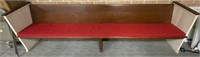 WOOD CHURCH PEW WITH RED CUSHION