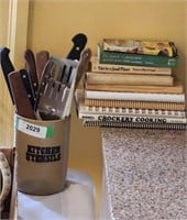 Carving Knives in Pottery Holder & Cookbooks