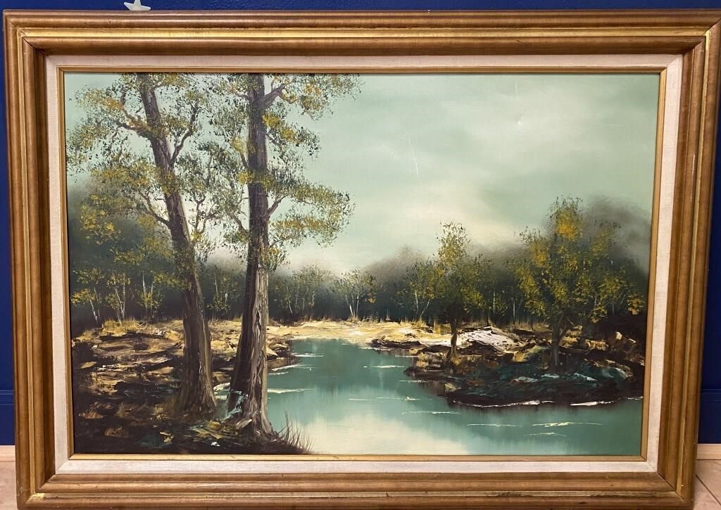 FRAMED PAINTING TREES BY A STREAM BY UNKNOWN ARTIS