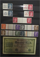 Lot, WII 3rd Reich Stamps + a 1000 Mark Note