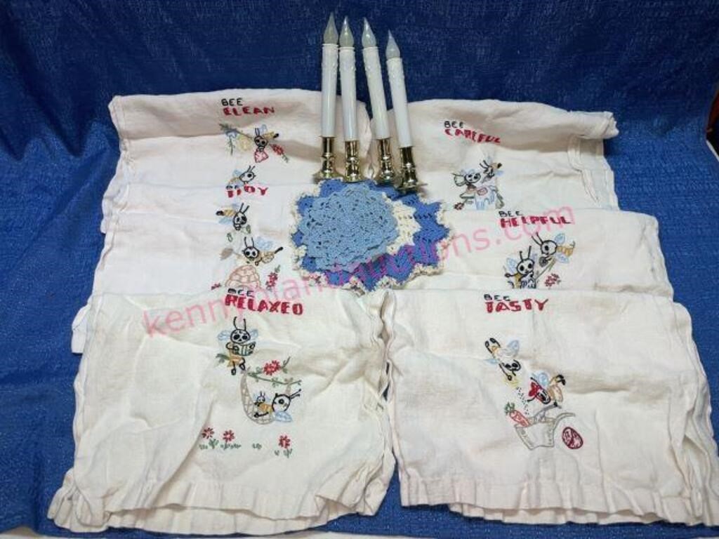 Vtg embroidered tea towels -doilies -candlelites