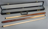 WOODEN 2 SECTION POOL CUES IN CUETEC CASE