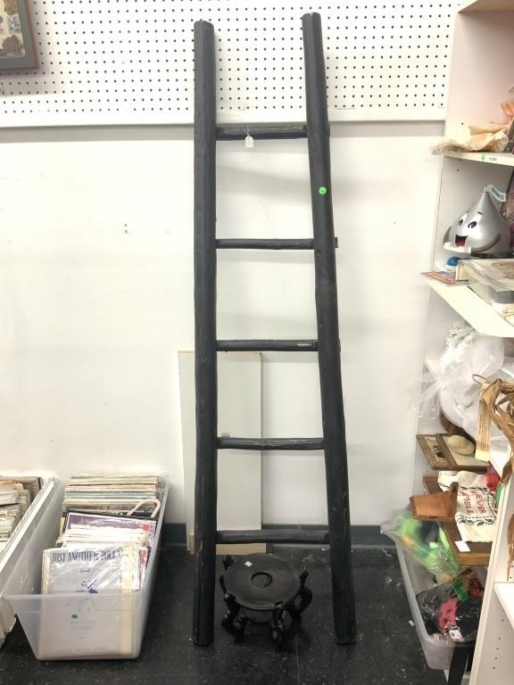 Primitive wood ladder decor and wood plant stand.