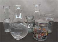Box Glassware- 5 Vases, 2 Jars