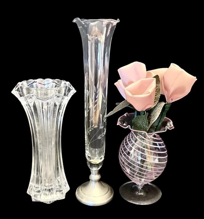 Three Crystal Vases & Bud Vase