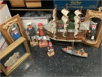 Carved wood fisherman figures, model ship, jack