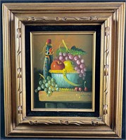 Oil Still Life Painting Fruit and Wine Signed Pain
