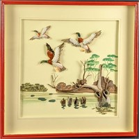 Vintage Framed Feather Art Ducks In Marsh
