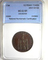 1794 1/2 Penny Token NNC MS62BR Chichester