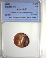 (1999) Error Cent NNC MS65 RD From Mint Bag