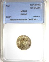 1727 2 Stuivers NNC MS63 Zeeland Netherlands