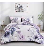 Queen Size Comforter, Purple Floral, & 4