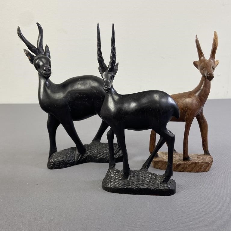 Three Carved Wood Antelopes Made in Malawi