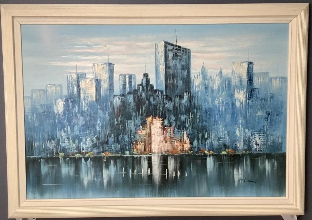 Signed Cityscape By The Water Oil On Canvas