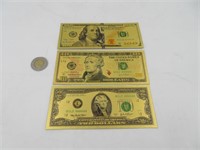 3 billets Commémoratifs USA plaqués or 24k **