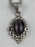 925 Silver Purple Optic Glass Pendant Necklace