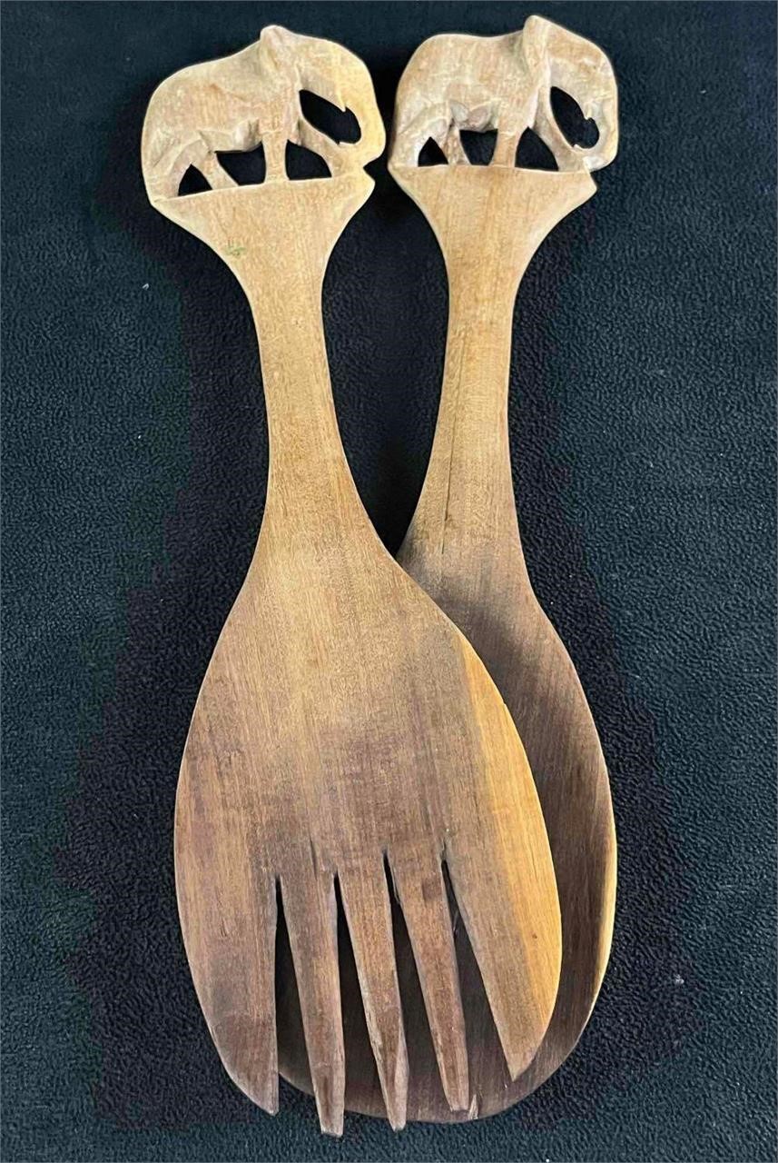 Wooden Fork and Spoon Carved Elephant Handles