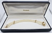 14K Hallmark Signed Triple Strand Pearl Bracelet