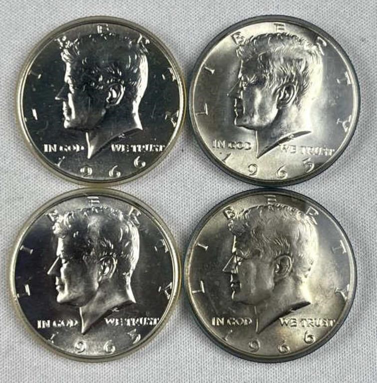 (4) 1965, 1966 40% Silver JFK Half Dollars