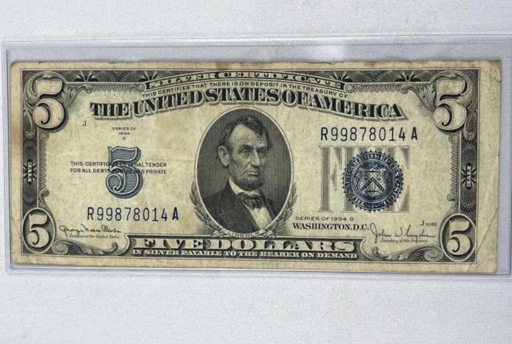 1934-D US $5 Silver Certificate Blue Seal